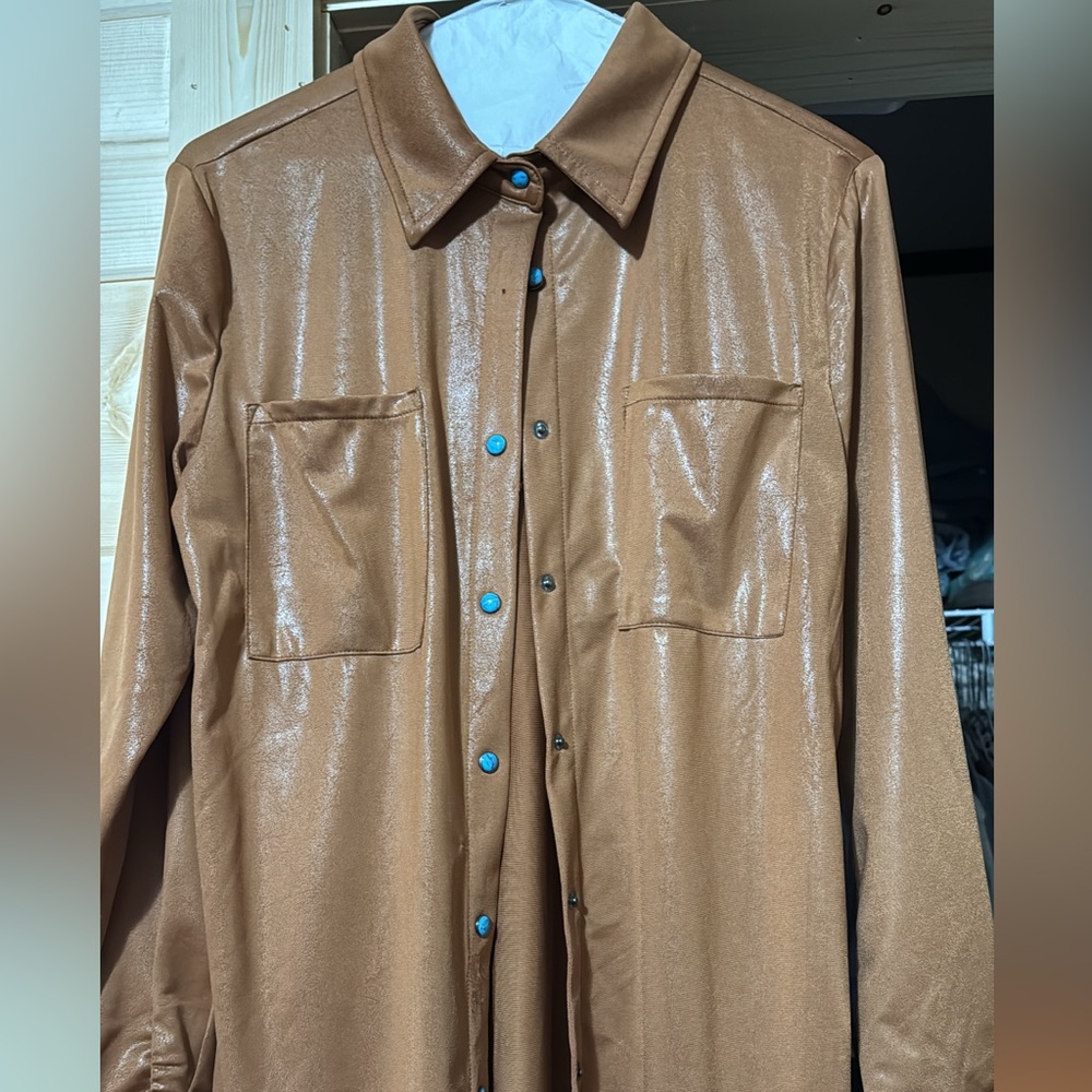 Tan and Blue Lightweight Shirt Jacket with Glossy Finish